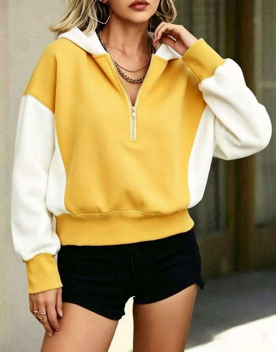 Sudadera corta con capucha y media cremallera bicolor – foto 10