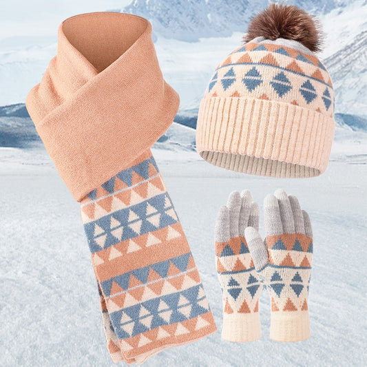 Conjunto de gorro, bufanda y guantes de rombos