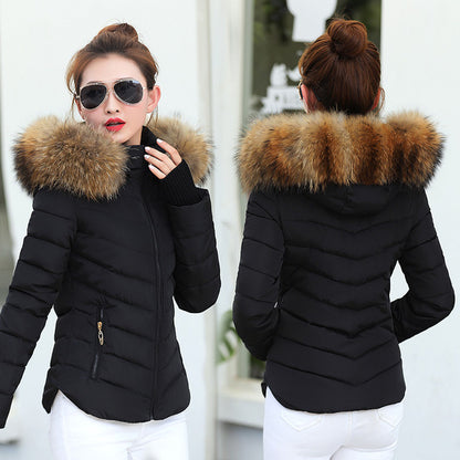 Parka acolchada corta con capucha de pelo – vista frontal y trasera