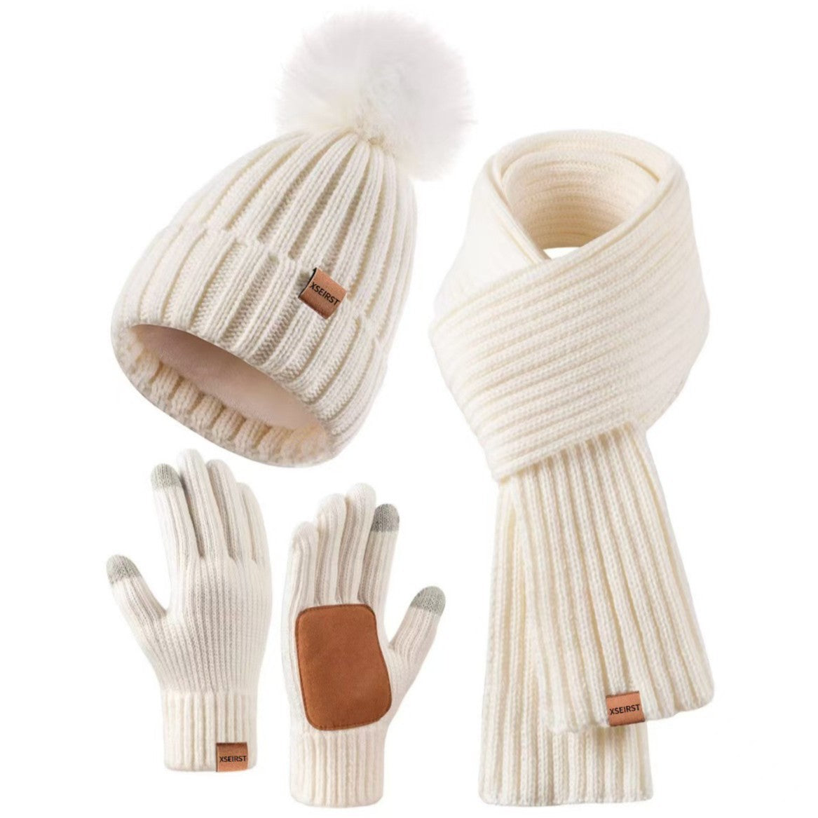 Conjunto de canalé con pompón, bufanda y guantes