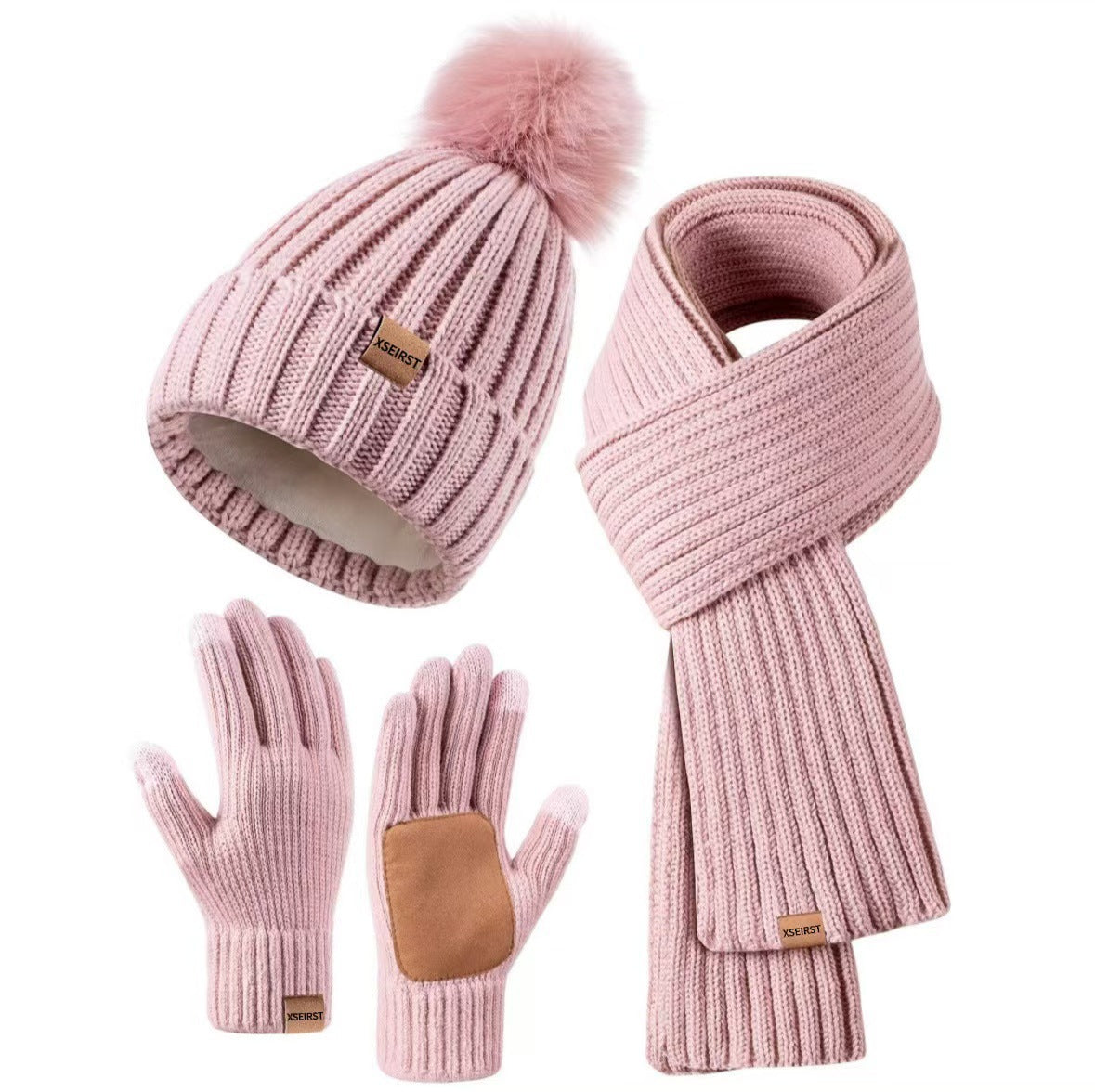 Conjunto de canalé con pompón, bufanda y guantes – foto 11