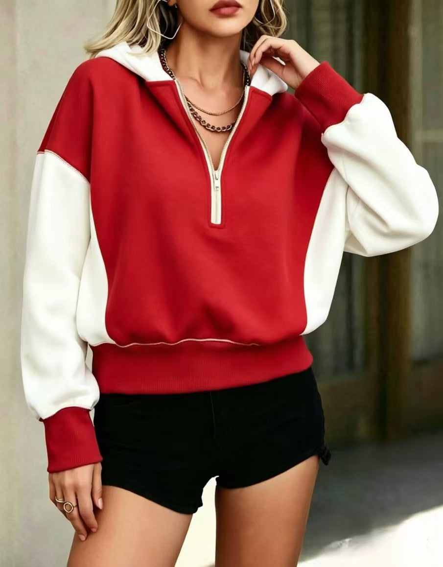 Sudadera corta con capucha y media cremallera bicolor – foto 8