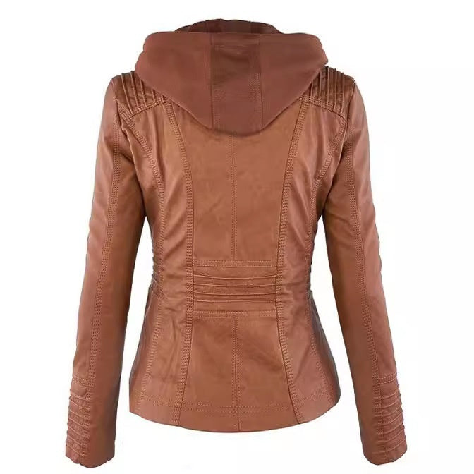 Cazadora efecto piel con capucha desmontable en color camel – vista trasera