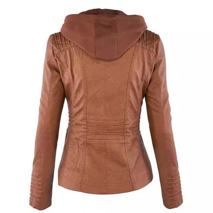 Cazadora efecto piel con capucha desmontable en color camel – vista trasera