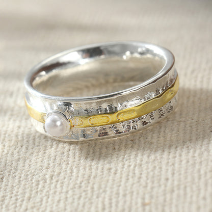Anillo ancho texturizado con perla – foto 2