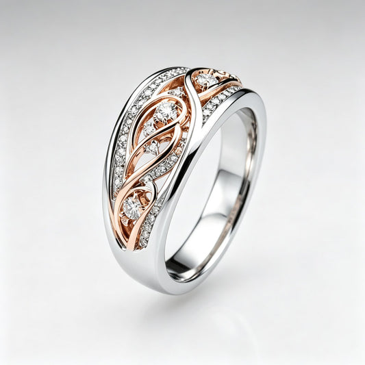 Anillo bicolor de filigrana con circonitas