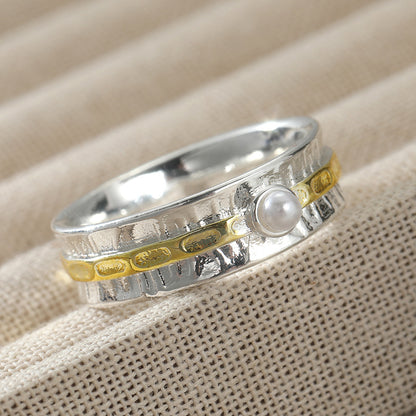 Anillo ancho texturizado con perla – foto 4