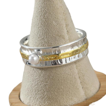 Anillo ancho texturizado con perla – foto 5