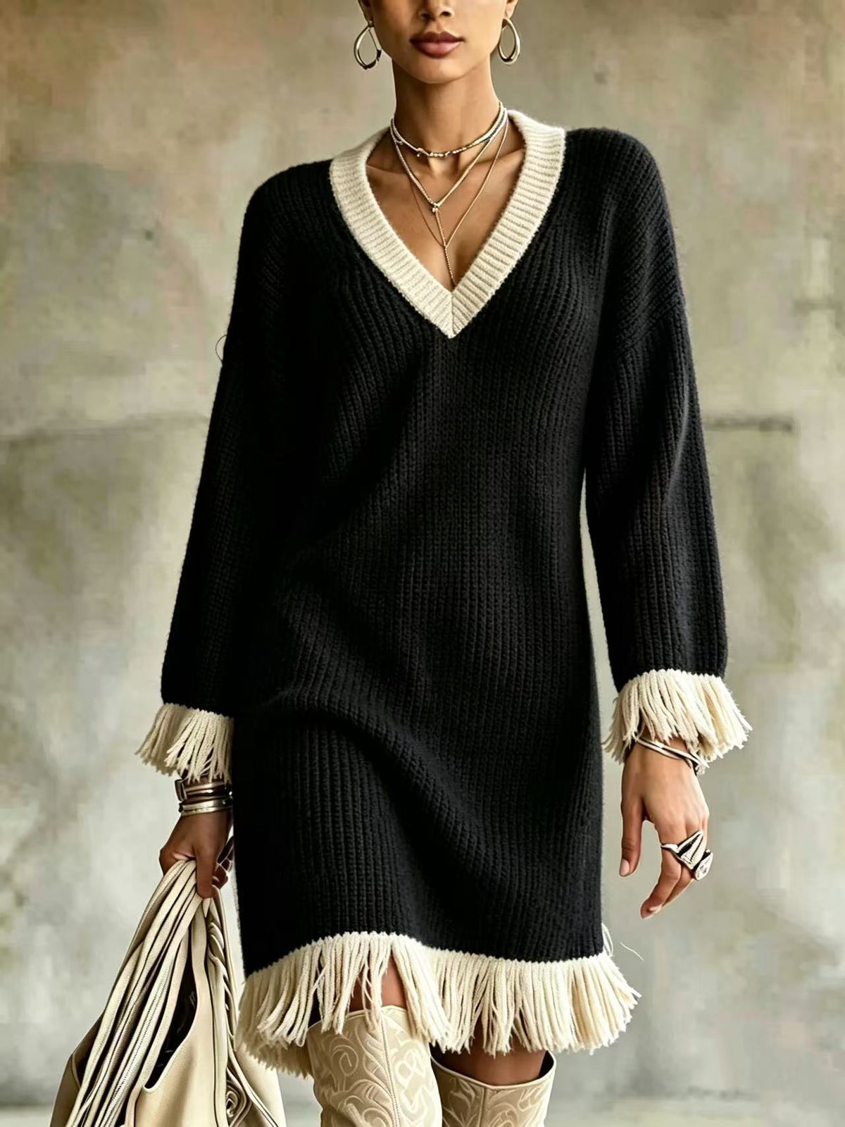 Vestido de punto en bloques de color con borlas – foto 7
