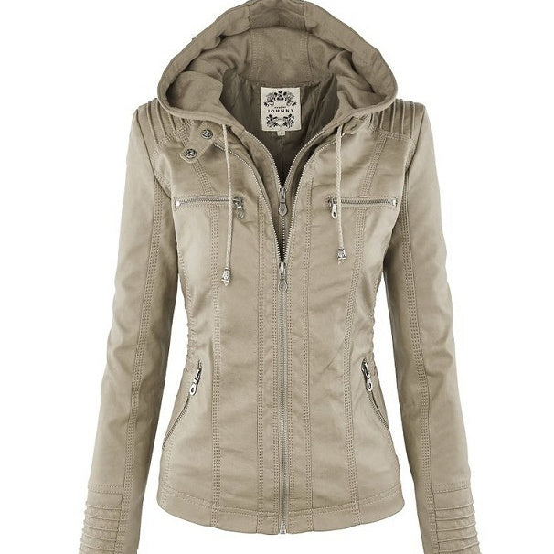 Cazadora efecto piel con capucha desmontable en color beige – detalle