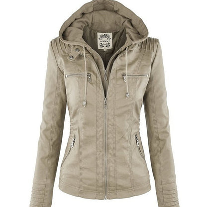 Cazadora efecto piel con capucha desmontable en color beige – detalle
