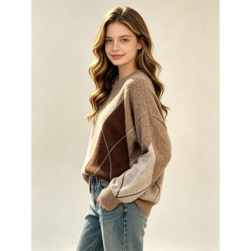 Jersey de rombos oversize en marrón – look