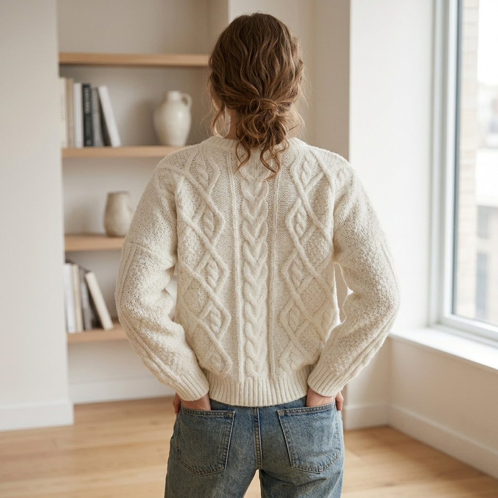 Jersey de ochos oversize blanco roto, vista de espalda con modelo