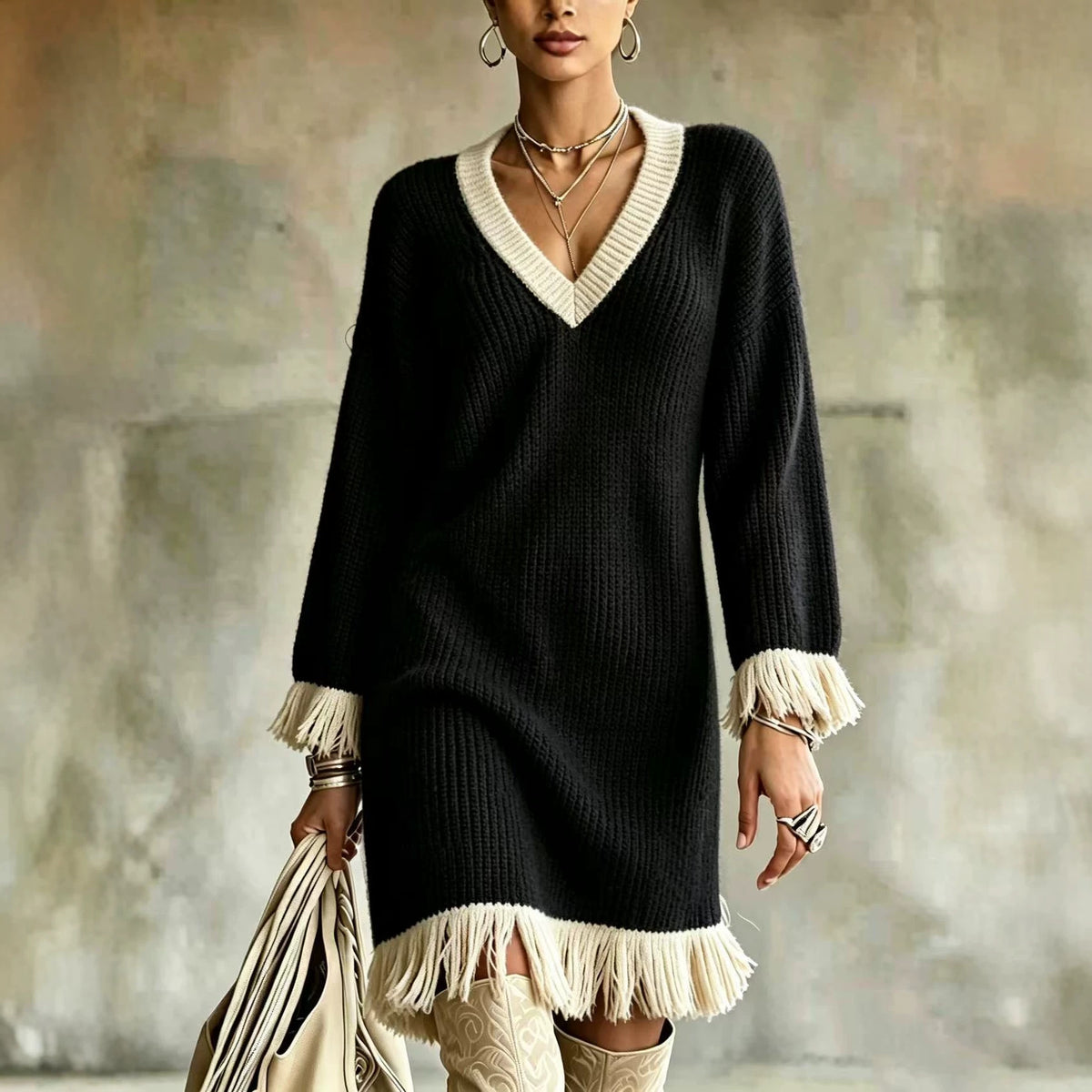 Vestido de punto en bloques de color con borlas – foto 2