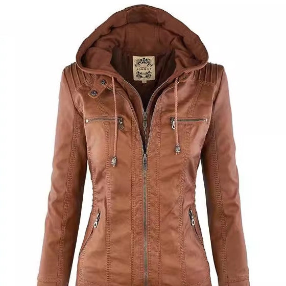 Cazadora efecto piel con capucha desmontable en color camel