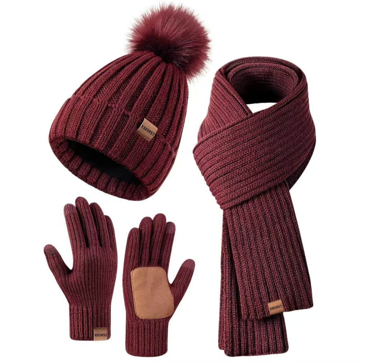 Conjunto de canalé con pompón, bufanda y guantes – foto 10