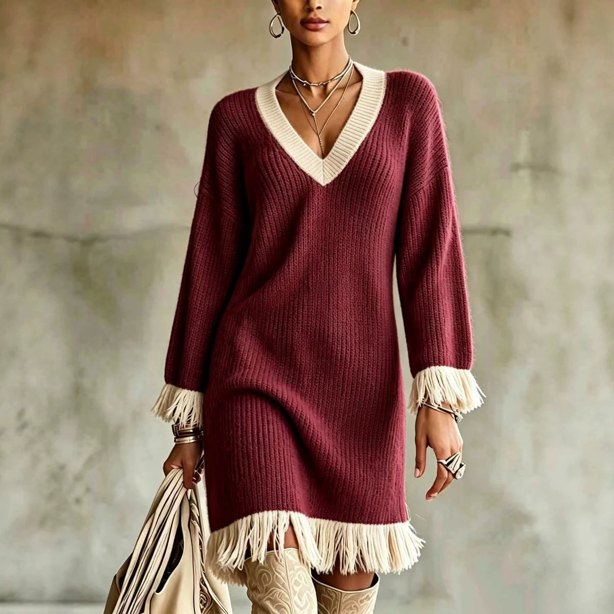 Vestido de punto en bloques de color con borlas – foto 3