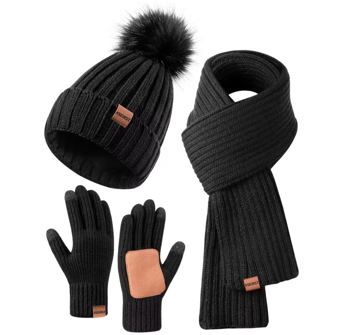 Conjunto de canalé con pompón, bufanda y guantes – foto 8