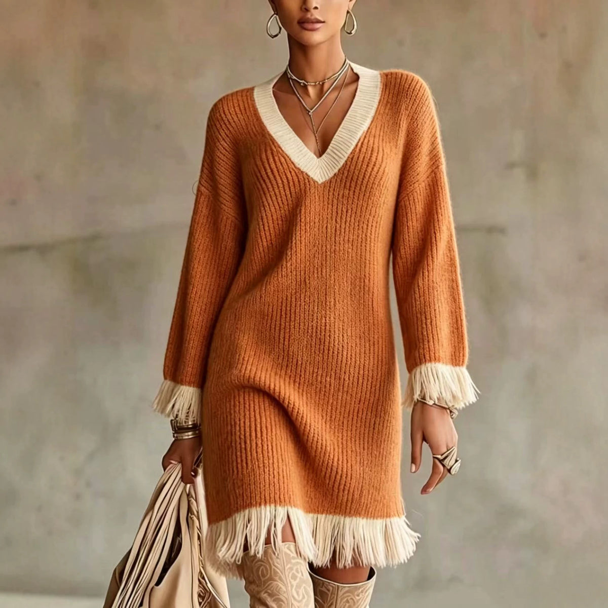 Vestido de punto en bloques de color con borlas – foto 4