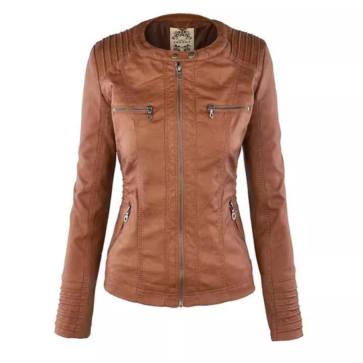 Cazadora efecto piel con capucha desmontable en color camel – vista frontal