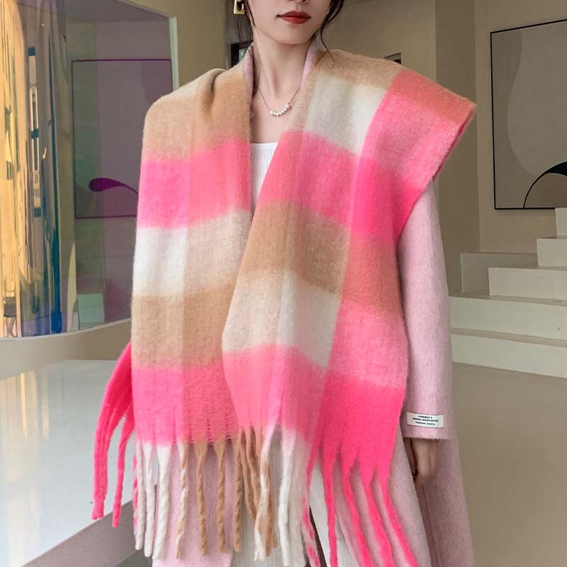 Bufanda de cuadros multicolor con flecos – foto 7