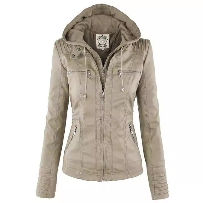 Cazadora efecto piel con capucha desmontable en color beige