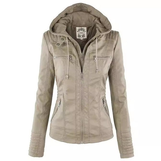 Cazadora efecto piel con capucha desmontable en color beige