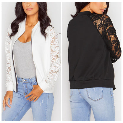 Chaqueta bomber con mangas de encaje – blanco y negro